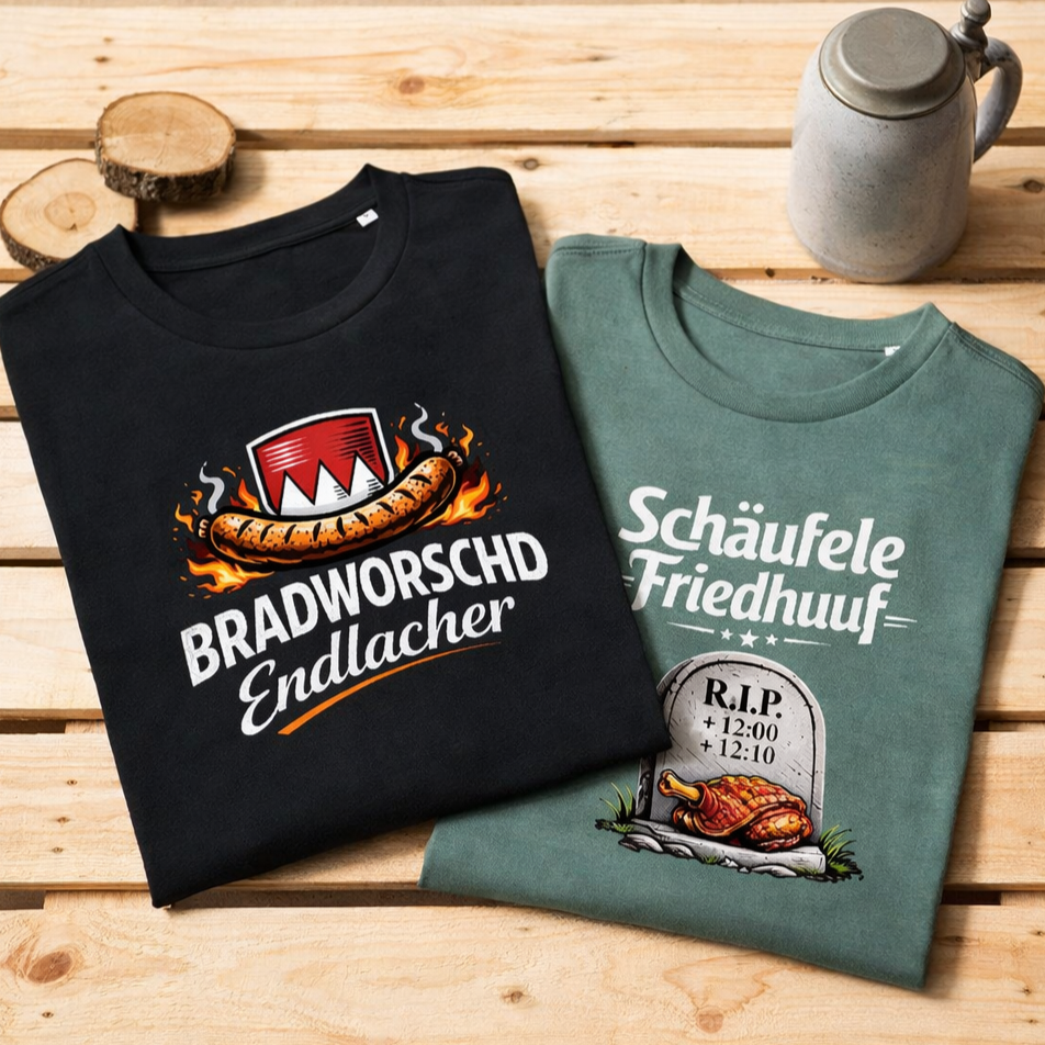 Bradworschd Endlacher T-Shirt von Frankenstyle Fränkische T-Shirts Bierfeste Weinfeste Fränkisches Essen Bratwurst in Franken Nürnberg Würzburg Erlangen Brombachsee Eichstätt Coburg Bamberg Bayreuth Shop