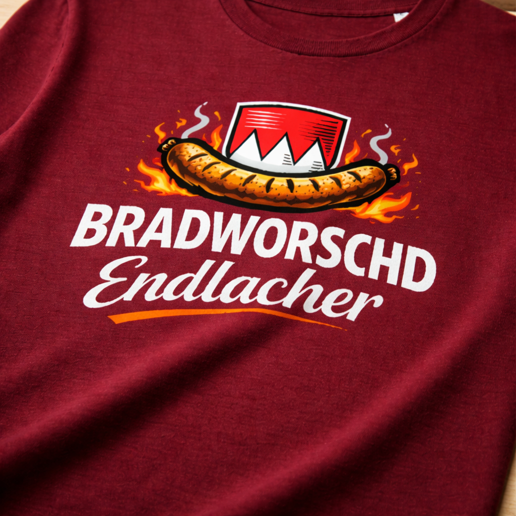 Bradworschd Endlacher T-Shirt von Frankenstyle Fränkische T-Shirts Bierfeste Weinfeste Fränkisches Essen Bratwurst in Franken Nürnberg Würzburg Erlangen Brombachsee Eichstätt Coburg Bamberg Bayreuth Shop