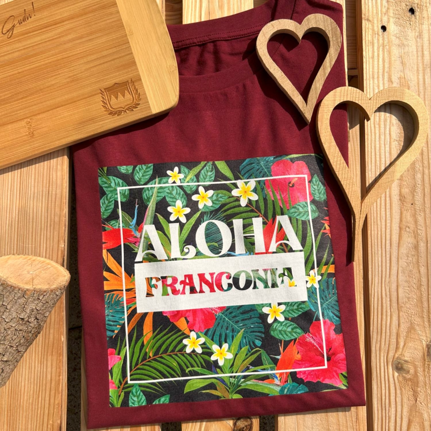 Aloha Franconia T-Shirt für Herren und Damen von Frankenstyle Fränkische T-Shirts Nürnberg Würzburg Coburg Eichstätt Treuchtlingen Fränkische Schweiz Bayreuth Erlangen Bamberg Shop