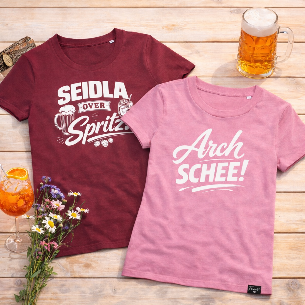 Seidla over Spritz und Arch Schee Damen T-Shirts Fränkisch by Nature Kollektion Frankenstyle Mode Shop Nürnberg Erlangen Fürth Bamberg Bayreuth Würzburg Fränkische Schweiz 